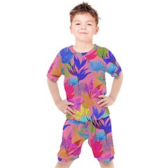 Pink And Blue Floral Kids  T-shirt And Shorts Set by Sparkle