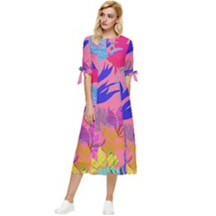 Pink And Blue Floral Bow Sleeve Chiffon Midi Dress by Sparkle