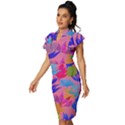 Pink And Blue Floral Vintage Frill Sleeve V-Neck Bodycon Dress View2