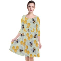 Bees Pattern Honey Bee Bug Honeycomb Honey Beehive Quarter Sleeve Waist Band Dress by Bedest