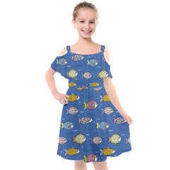 Sea Fish Blue Submarine Animals Patteen Kids  Cut Out Shoulders Chiffon Dress by Maspions