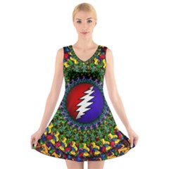 Grateful Dead Bear Pattern V-neck Sleeveless Dress by Maspions