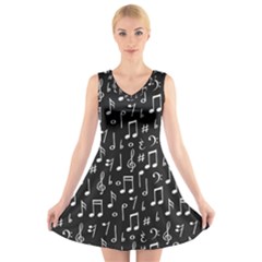 Chalk Music Notes Signs Seamless Pattern V-neck Sleeveless Dress by Ravend