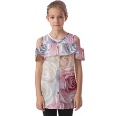 Pastel Rose  Flower Blue Pink White Fold Over Open Sleeve Top by Cemarart