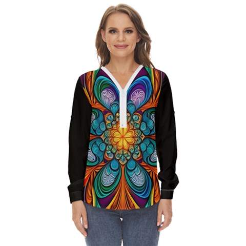 Schwarz Bunt Zip Up Long Sleeve Blouse by 2607694c