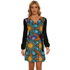 Schwarz Bunt Long Sleeve Waist Tie Ruffle Velvet Dress by 2607694c