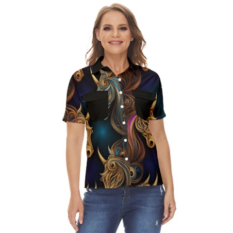 Schwarz Pferde Muster Women s Short Sleeve Double Pocket Shirt by 2607694c