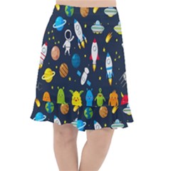 Big Set Cute Astronauts Space Planets Stars Aliens Rockets Ufo Constellations Satellite Moon Rover V Fishtail Chiffon Skirt by Bedest