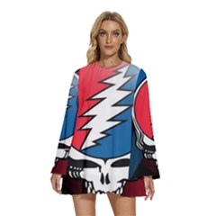 Grateful Dead Big Skull Round Neck Long Sleeve Bohemian Style Chiffon Mini Dress by Bedest