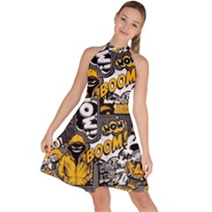 Boom Bang Art Crazy Drawing Graffiti Hello Retro Sayings Yellow Sleeveless Halter Neck A-line Dress by Bedest