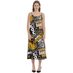 Boom Bang Art Crazy Drawing Graffiti Hello Retro Sayings Yellow Casual Spaghetti Strap Midi Dress by Bedest