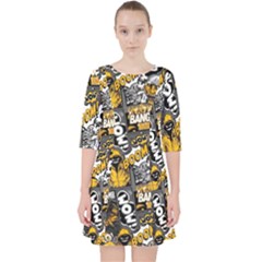 Boom Bang Art Crazy Drawing Graffiti Hello Retro Sayings Yellow Quarter Sleeve Pocket Dress by Bedest