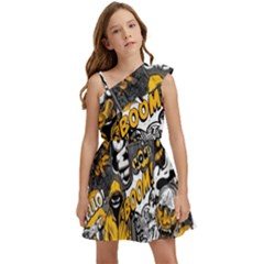 Boom Bang Art Crazy Drawing Graffiti Hello Retro Sayings Yellow Kids  One Shoulder Party Dress by Bedest