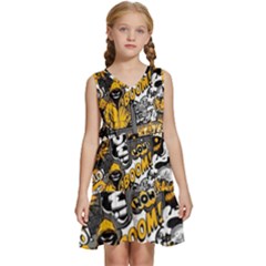 Boom Bang Art Crazy Drawing Graffiti Hello Retro Sayings Yellow Kids  Sleeveless Tiered Mini Dress by Bedest