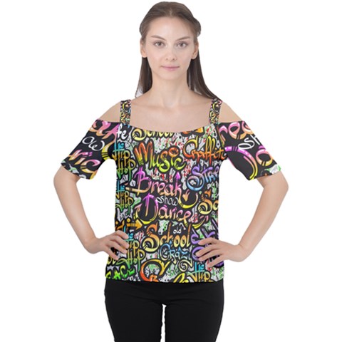 Graffiti Word Seamless Pattern Cutout Shoulder T-shirt by Bedest