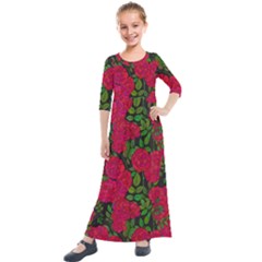 Seamless Pattern With Colorful Bush Roses Kids  Quarter Sleeve Maxi Dress by Ket1n9