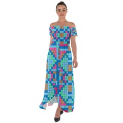 Checkerboard Square Abstract Off Shoulder Open Front Chiffon Dress by Ravend