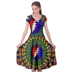 Grateful Dead Bear Pattern Cap Sleeve Wrap Front Dress by Maspions