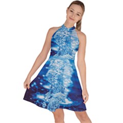 Water Blue Wallpaper Sleeveless Halter Neck A-line Dress by Azkajaya