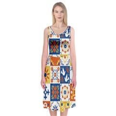 Mexican Talavera Pattern Ceramic Tiles With Flower Leaves Bird Ornaments Traditional Majolica Style Midi Sleeveless Dress by Ket1n9