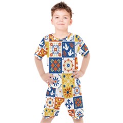 Mexican Talavera Pattern Ceramic Tiles With Flower Leaves Bird Ornaments Traditional Majolica Style Kids  T-shirt And Shorts Set by Ket1n9