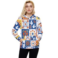 Mexican Talavera Pattern Ceramic Tiles With Flower Leaves Bird Ornaments Traditional Majolica Style Women s Lightweight Drawstring Hoodie by Ket1n9