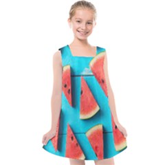 Watermelon Blue Background Kids  Cross Back Dress by Azkajaya