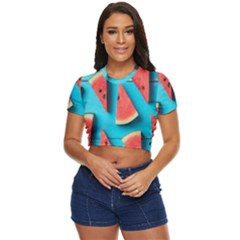 Watermelon Blue Background Side Button Cropped T-shirt by Azkajaya