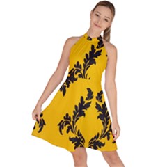 Yellow Regal Filagree Pattern Sleeveless Halter Neck A-line Dress by Azkajaya