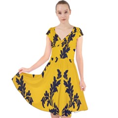 Yellow Regal Filagree Pattern Cap Sleeve Front Wrap Midi Dress by Azkajaya