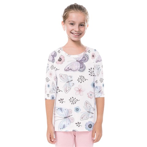 Butterflies Cute Flower Pastel Pattern Kids  Quarter Sleeve Raglan T-shirt by Loisa77