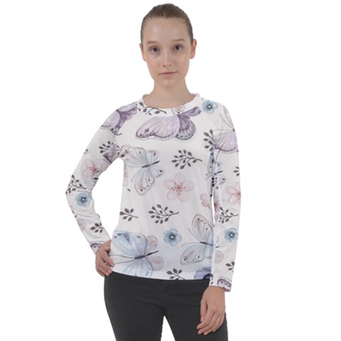 Butterflies Cute Flower Pastel Pattern Women s Long Sleeve Raglan T-shirt by Loisa77