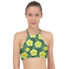 Bloom Flowering Yellow Blade Green Halter Bikini Top by Loisa77