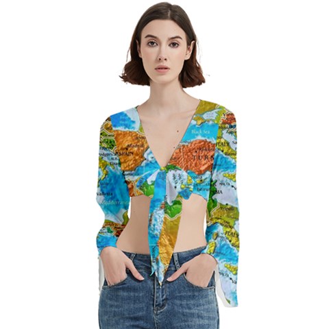 World Map Trumpet Sleeve Cropped Top by Ket1n9