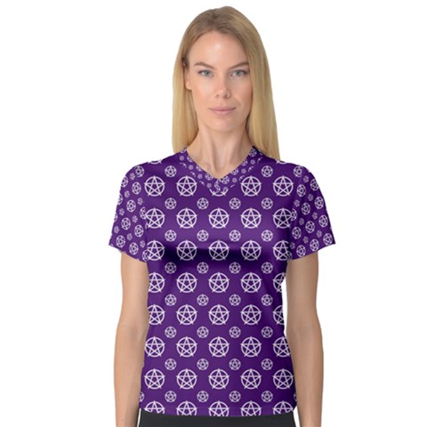 White Pentacle And Purple Pattern V-neck Sport Mesh T-shirt by cheekywitch