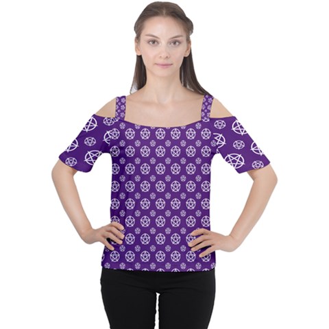 White Pentacle And Purple Pattern Cutout Shoulder T-shirt by cheekywitch