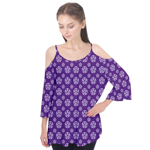 White Pentacle And Purple Pattern Flutter Sleeve T-shirt by cheekywitch