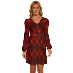 Pattern Red Black, Long Sleeve Waist Tie Ruffle Velvet Dress by 2607694c