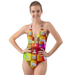 Colorful 3d Social Media Halter Cut-out One Piece Swimsuit by Ket1n9