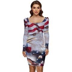 United States Of America Images Independence Day Women Long Sleeve Ruched Stretch Jersey Dress by Ket1n9