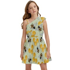 Bees Pattern Honey Bee Bug Honeycomb Honey Beehive Kids  One Shoulder Party Dress by Bedest