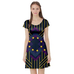 Line Square Pattern Violet Blue Yellow Design Short Sleeve Skater Dress by Ravend