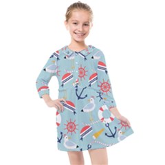 Nautical Marine Symbols Seamless Pattern Kids  Quarter Sleeve Shirt Dress by Hannah976