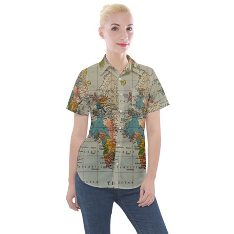 Vintage World Map Women s Short Sleeve Pocket Shirt by Loisa77