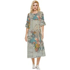 Vintage World Map Double Cuff Midi Dress by Loisa77