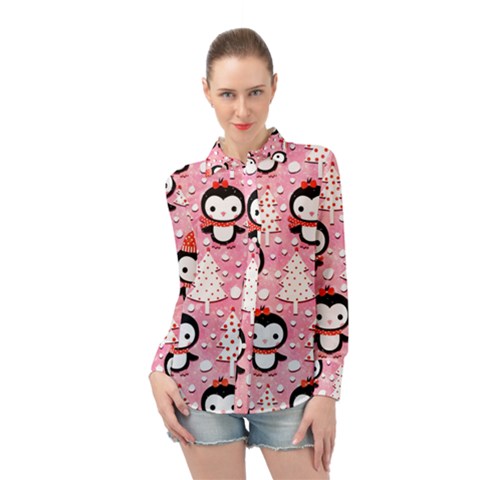 Cute Penguin Pattern Long Sleeve Chiffon Shirt by Loisa77