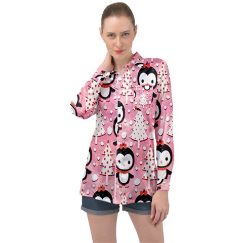 Cute Penguin Pattern Long Sleeve Satin Shirt by Loisa77