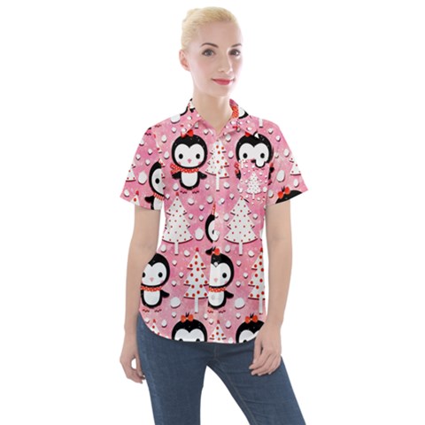 Cute Penguin Pattern Women s Short Sleeve Pocket Shirt by Loisa77