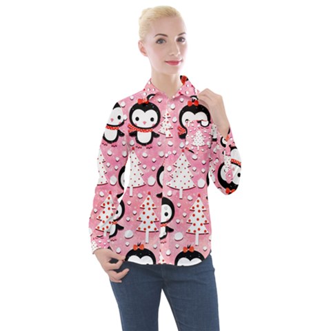 Cute Penguin Pattern Women s Long Sleeve Pocket Shirt by Loisa77