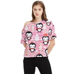 Cute Penguin Pattern One Shoulder Cut Out T-shirt by Loisa77